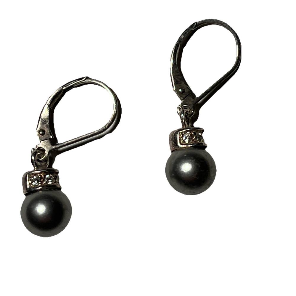 Vintage Grey Pearl Drop Earrings 925 Sterling Stamped Lever Backs
